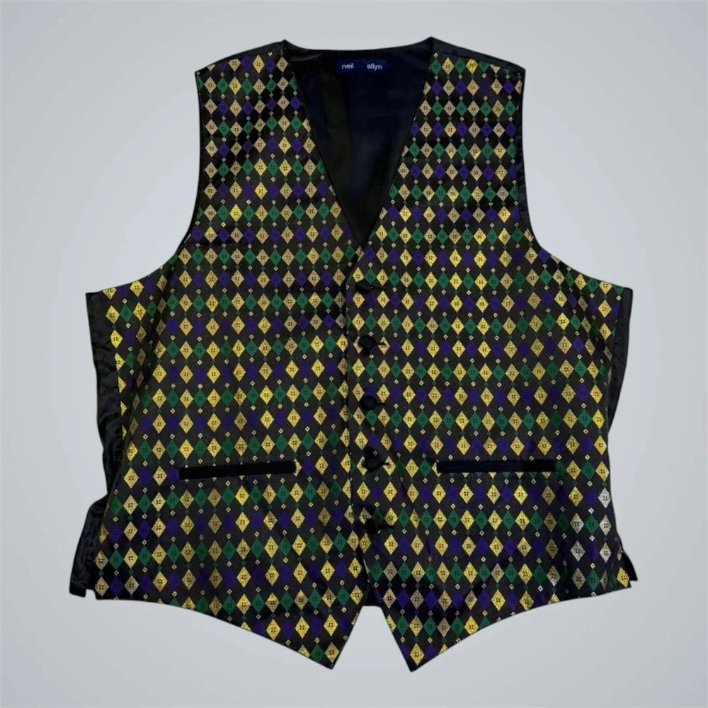 Neil Allyn Men's Tuxedo Vest Large Mardi Gras Harlequin Diamond Green Gold
